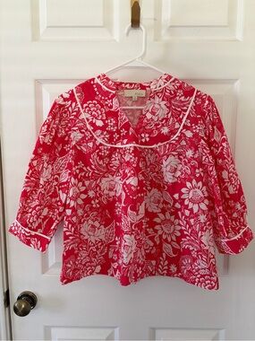 Pinch Red and White Floral Peasant Blouse
